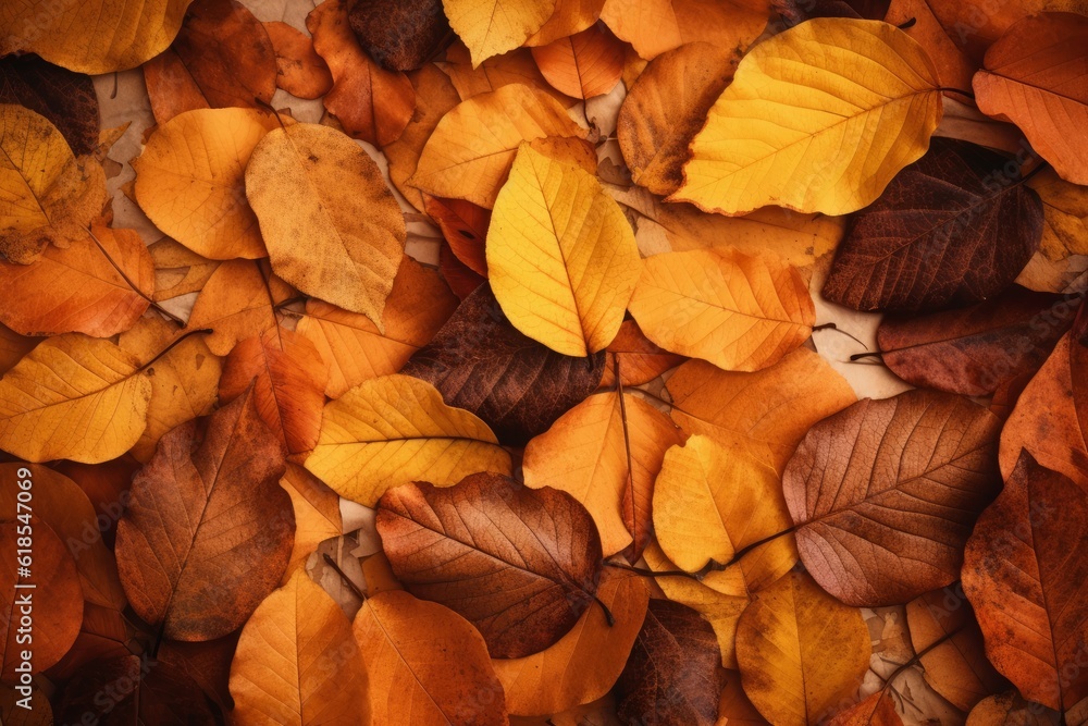 Autumn foliage background in warm tones of orange and brown. Generative ai