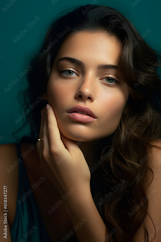 Cute girl with hand on face with cyan background Cute girl with hand on face with cyan background