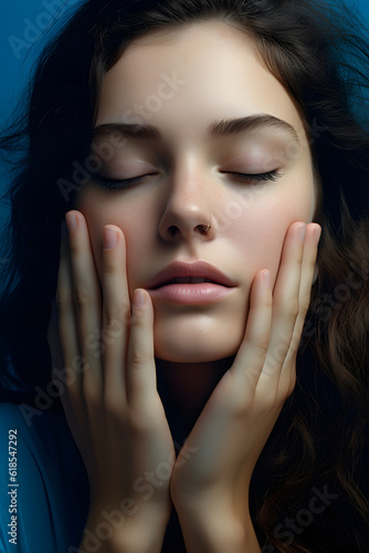 Cute girl with hand on face with blue background