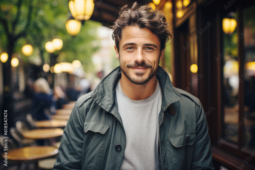 Fototapeta premium Portrait of a attractive smiling man standing on the city street 