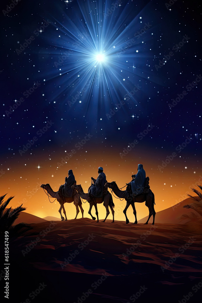 Three Wise Men Silhouette in Night Desert Setting: Guided by the Bright Blue Star Three Wise Men Silhouette in Night Desert Setting: Guided by the Bright Blue Star