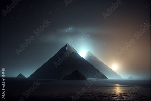 illustrtion of Egypt pyramid surrounded by magical light and smoke thunder AI