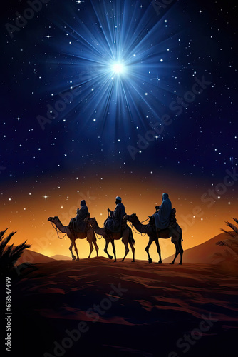 Fotografija Three Wise Men Silhouette in Night Desert Setting: Guided by the Bright Blue Sta