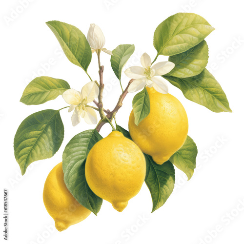 Fotografiet Botanical illustration,branch with lemons and flowers in retro style, PNG