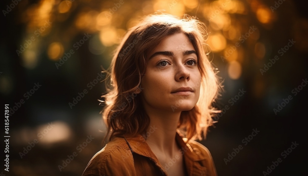 Young woman in nature, confident and beautiful generated by AI