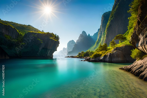 Tropical Island and cliff, long journey on the transparent blue water river