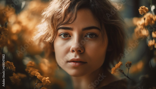 Young woman smiling in nature beauty generated by AI
