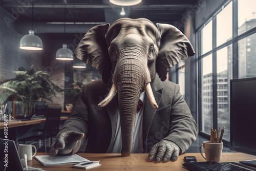 Businessman elephant in a business suit sitting in his office working, ai generative © paffy