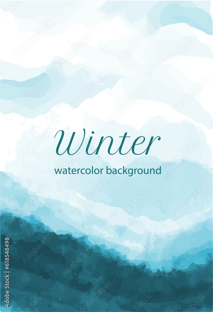 Watercolor winter poster. Abstract gentle background with blue waves and snowy sky. Luxury creative design for wedding invitations and brochures, covers and banners. Cartoon flat vector illustration