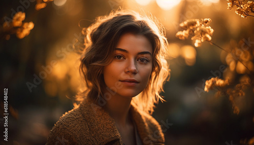 Young woman enjoys nature elegance at sunset generated by AI