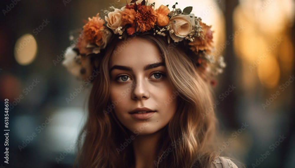 Fototapeta premium Young woman smiling, enjoying summer freshness generated by AI