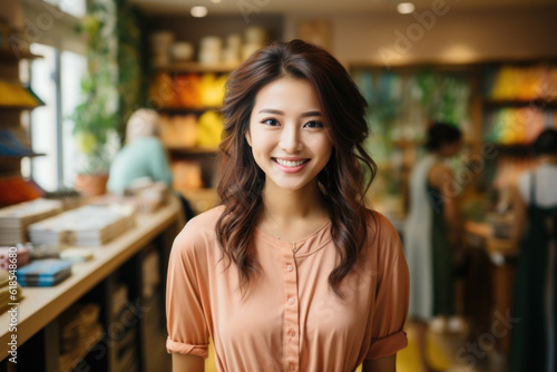 Portrait of a happy smiling Asian woman, coffee shop  owner