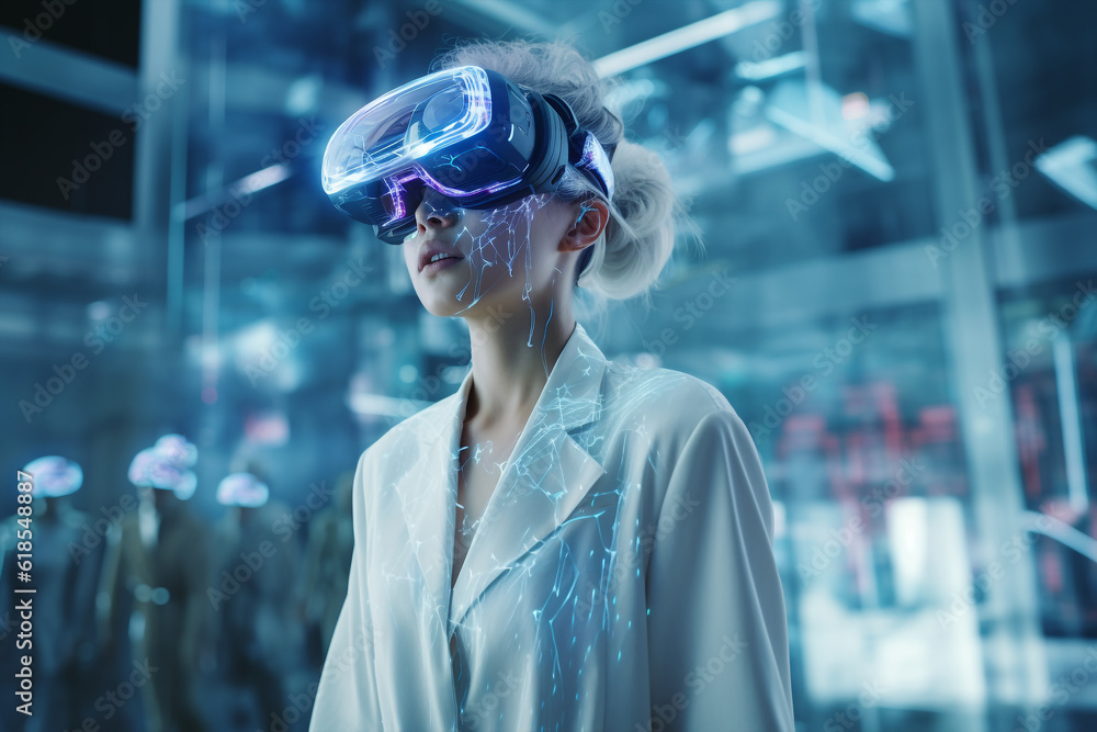 Generative ai scientist in lab coat and virtual reality VR goggle Generative ai scientist in lab coat and virtual reality VR goggle