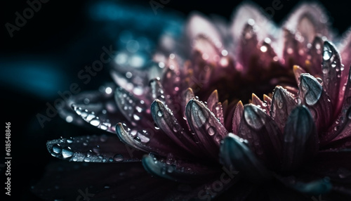 Raindrop on purple gerbera daisy petal reflects fragility generated by AI