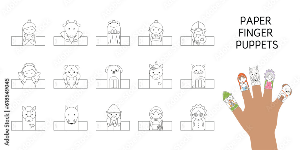 Finger puppet show theatre characters. Colorise, cut and glue educational activity isolated on white background