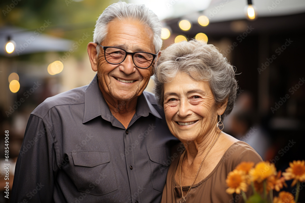 Portrait of a happy smiling senior couple at family gathering outdoors Portrait of a happy smiling senior couple at family gathering outdoors