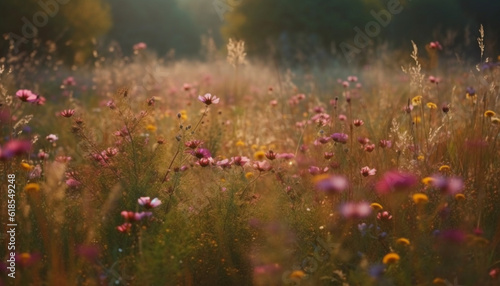 Vibrant wildflowers bloom in tranquil meadow sunset generated by AI