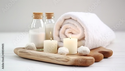 Spa towels with stones and candles on a white background, wood board, fluid and organic. Generative AI