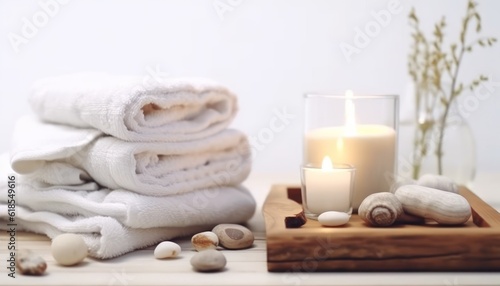Spa towels with stones and candles on a white background  wood board  fluid and organic. Generative AI