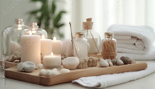 Spa towels with stones and candles on a white background  wood board  fluid and organic. Generative AI