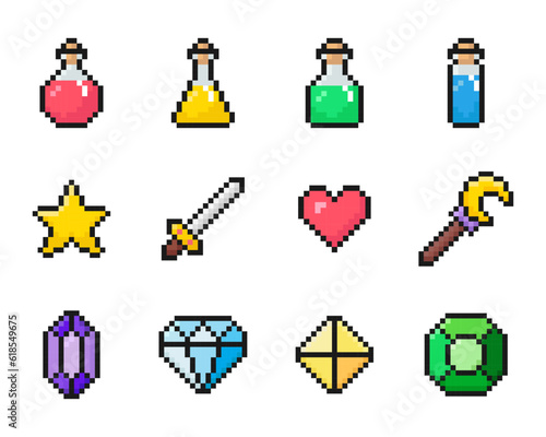 pixel art vector set of icons, game set, health, mana potion, vintage, 8 bit, 80s, 90s games, computer arcade game items, sword, gem, crystal, wand, heart, star