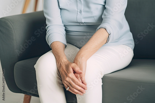 Woman Knee pain, leg pain. Midsection of an Asian woman massaging her foot.AI generated