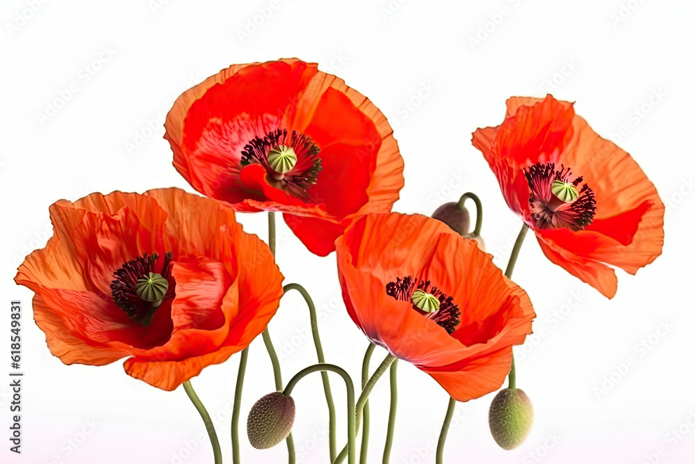Naklejka premium Three red poppy flowers isolated on white background, studio shot.AI generated