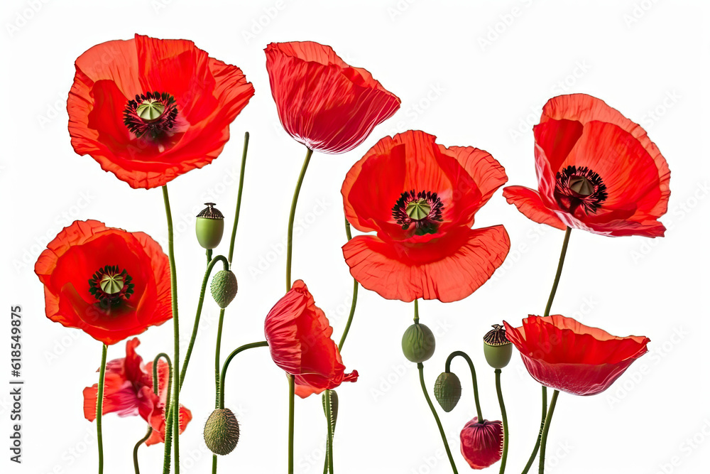Naklejka premium Three red poppy flowers isolated on white background, studio shot.AI generated