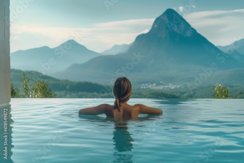 Woman in the pool looking out at mountain view. Landscapes. Generative AI