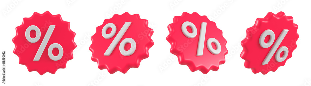 Set of discount red emblems for sales and shopping online. Price percent tag offer promotion isolated. 3d rendering. - obrazy, fototapety, plakaty 