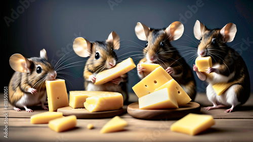 Generative AI image of a group of mice eating cheese.
