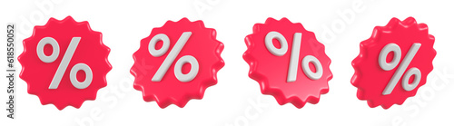 Set of discount red emblems for sales and shopping online. Price percent tag offer promotion isolated. 3d rendering.