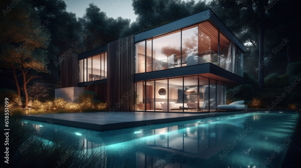 Modern multi-level luxury home/house exterior with pool and glowing interior lights. Generative ai.