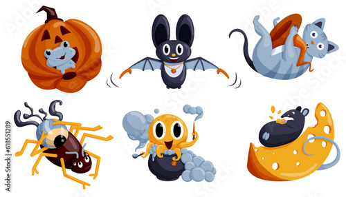 Cartoon set of Halloween characters. Bat, Spider, Frog in pumpkin, Octopus, Mouse on cheese, Cat with hat. Vector illustration isolated on a white background.