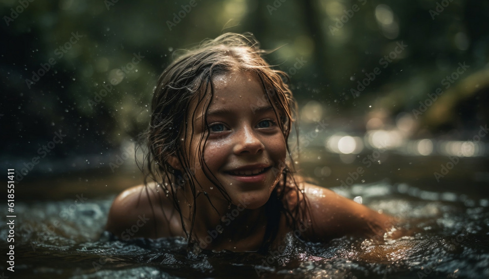 Smiling girl enjoys summer fun in water generated by AI