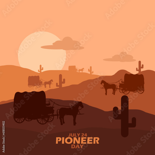 Several Pioneer horse carts in a desert with cactus trees at sunset and bold text to commemorate Pioneer Day on July 24