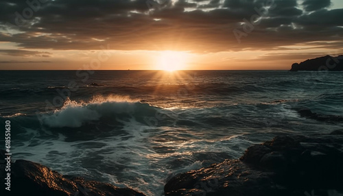 Sunset over water, waves breaking on rocks generated by AI