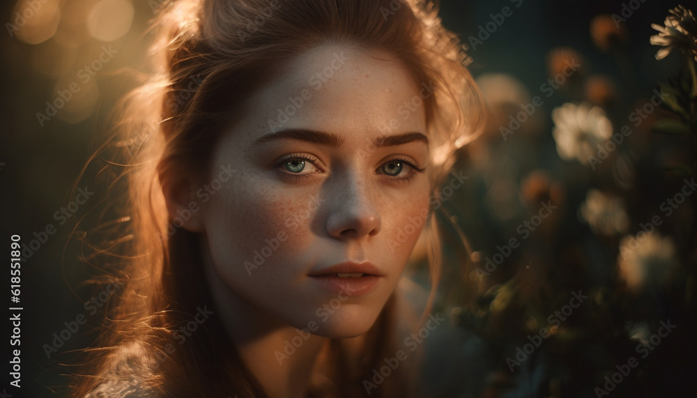Young woman in nature, smiling at sunset generated by AI