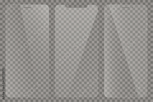 Set of protective glass for phone. Realistic reflection. Glass on transparent background. Vector illustration.