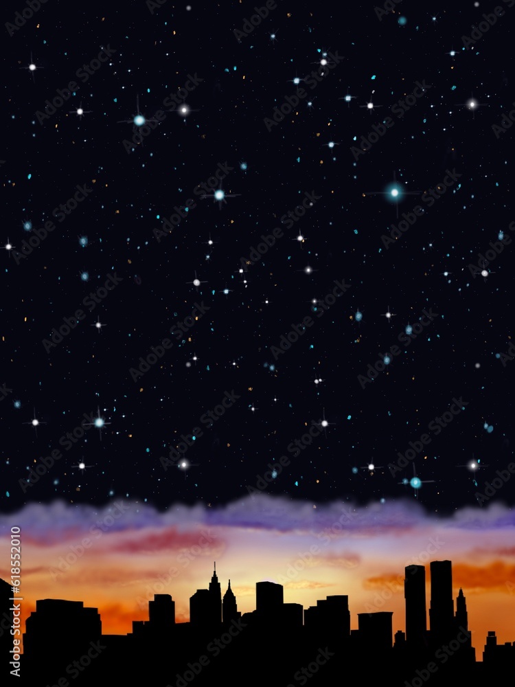 City silhouette and colorful clouds with stars above