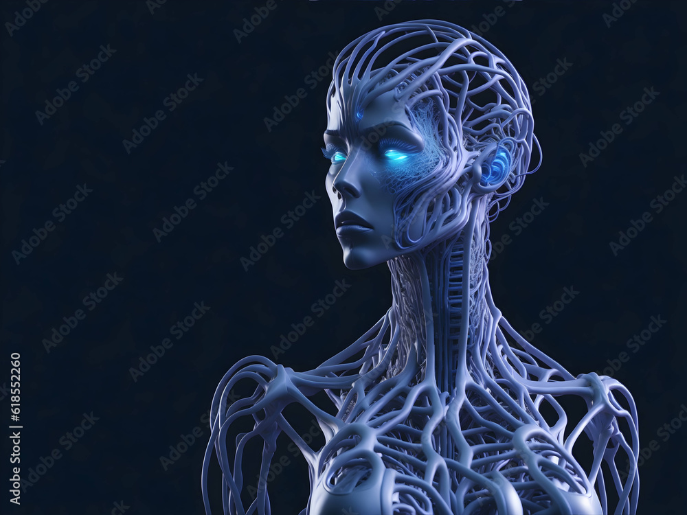 Female humanoid robot with a metallic face. Artificial intelligence concept. Advanced technologies of the future. Generative AI Female humanoid robot with a metallic face. Artificial intelligence concept. Advanced technologies of the future. Generative AI