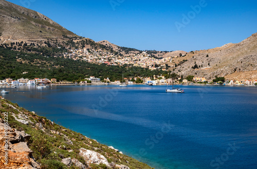 Beautiful Panoramic View of Pedi Harbor Symi Greece Seen from Mountain Path