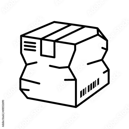Linear damaged package box icon. Broken cardboard box. Delivery concept. Problem with transportation and storage of goods. Line vector illustration of torn cargo box. Сrushed parcel. Shipping crate