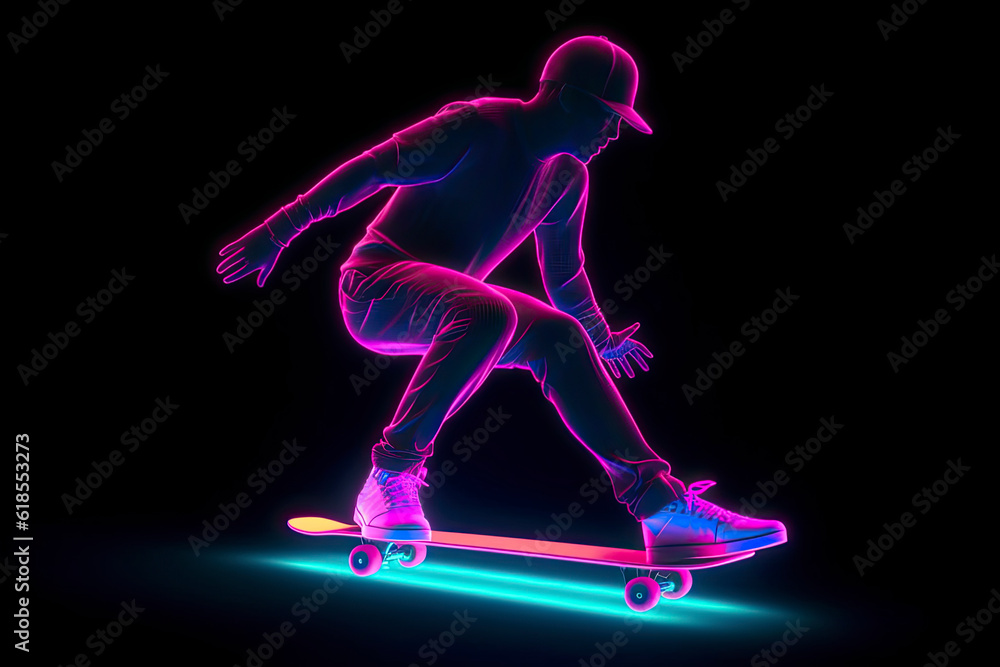 Abstract silhouette of a skateboarder on black background.AI generated