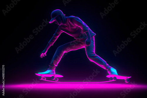 Abstract silhouette of a skateboarder on black background.AI generated