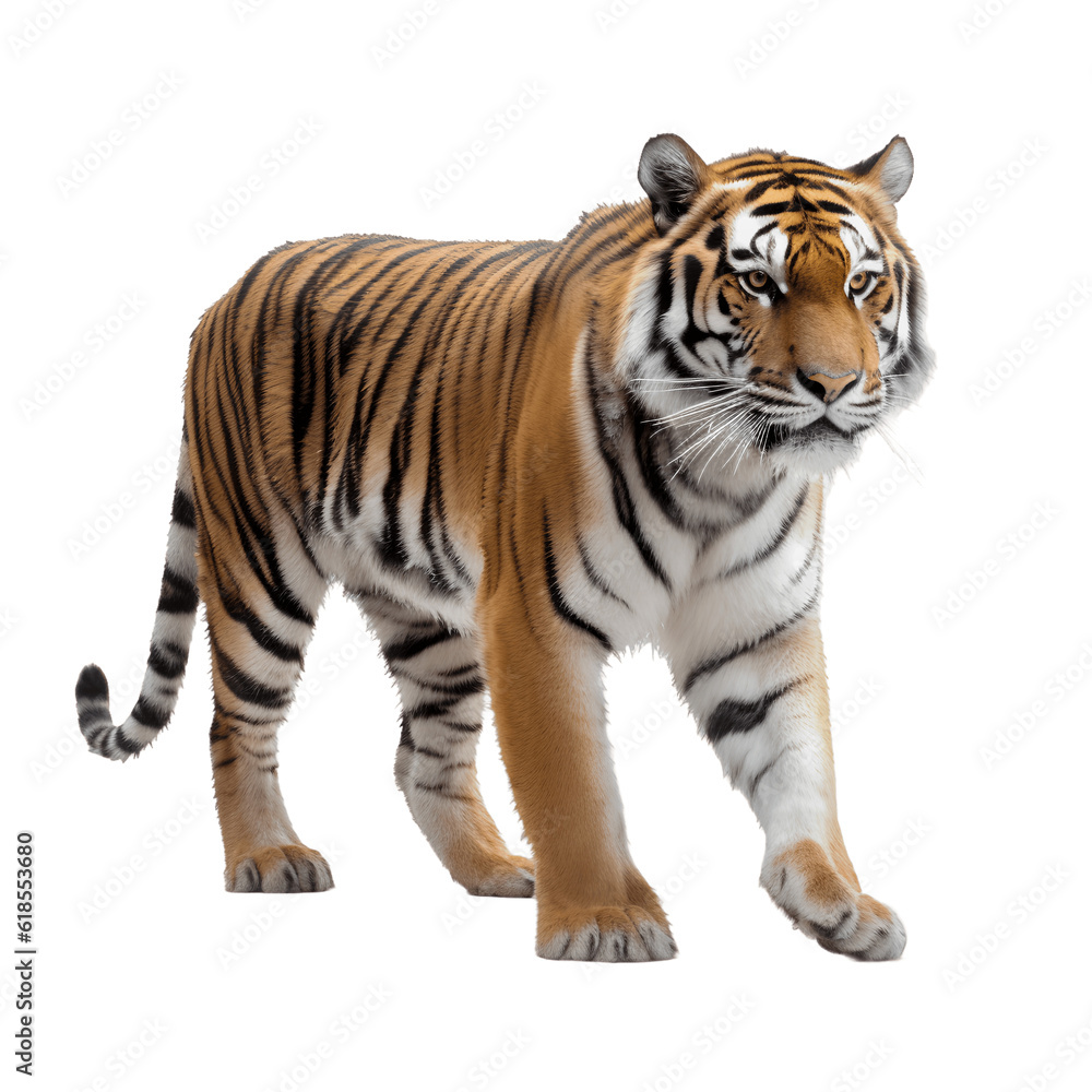 Siberian tiger in action isolated on white background, transparent cutout
