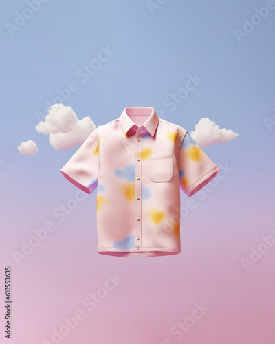 A short-sleeved shirt with stains floats among pastel clouds. Minimal composition. Generative AI.