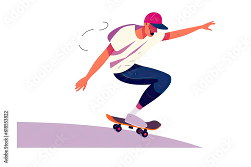 Skateboard Illustration with Skateboarders Jump using Board on Springboard in Skatepark.AI generated