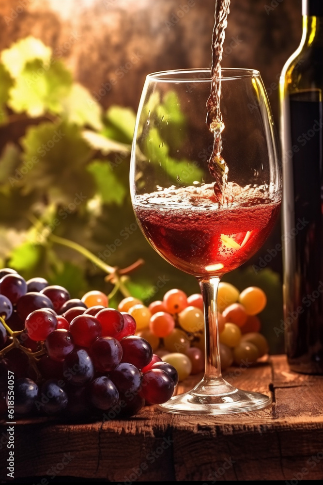 food background drink beverage taste winery alcohol wine bottle glass grape. Generative AI.