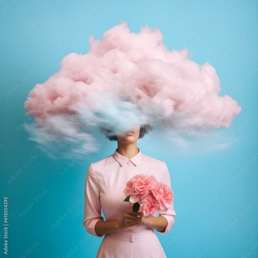 An elegantly dressed beautiful woman with her head immersed in a large soft iridescent cloud, holding a bouquet of flowers and standing in front of a minimal pastel blue background. Generative AI.